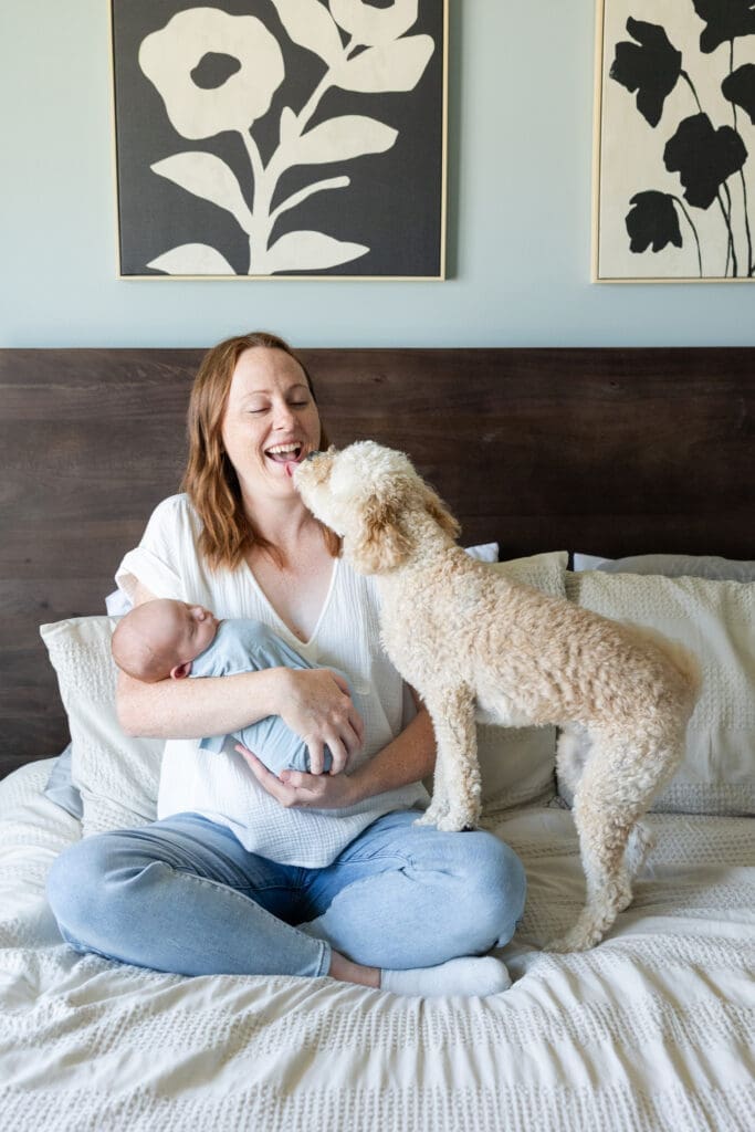 Mom, newborn and pet dog playing while having a photography session at home.