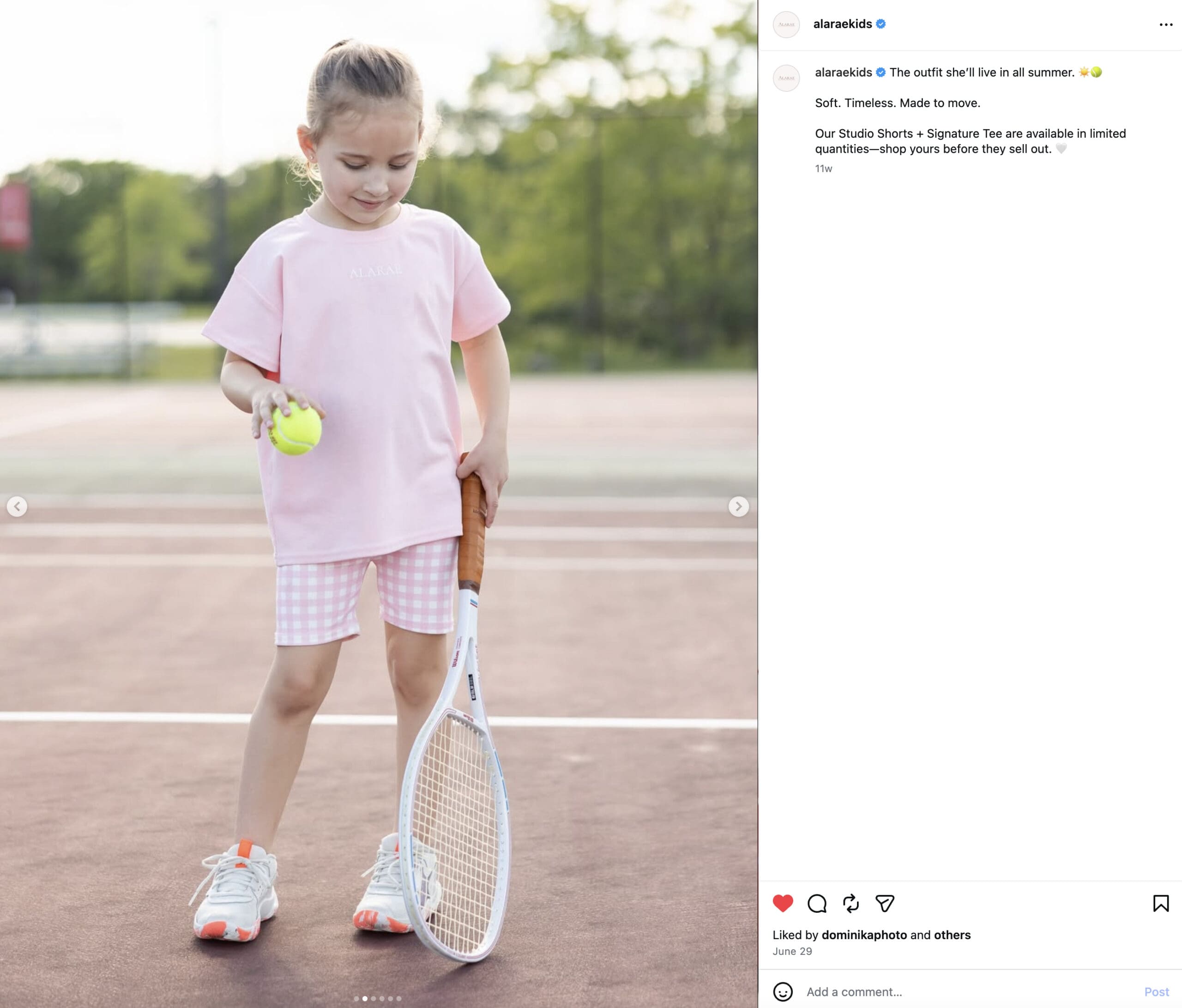 Girls wearing cute tennis clothes for Alarae Kids Clothing holding a tennis racking and bouncing a tennis ball.